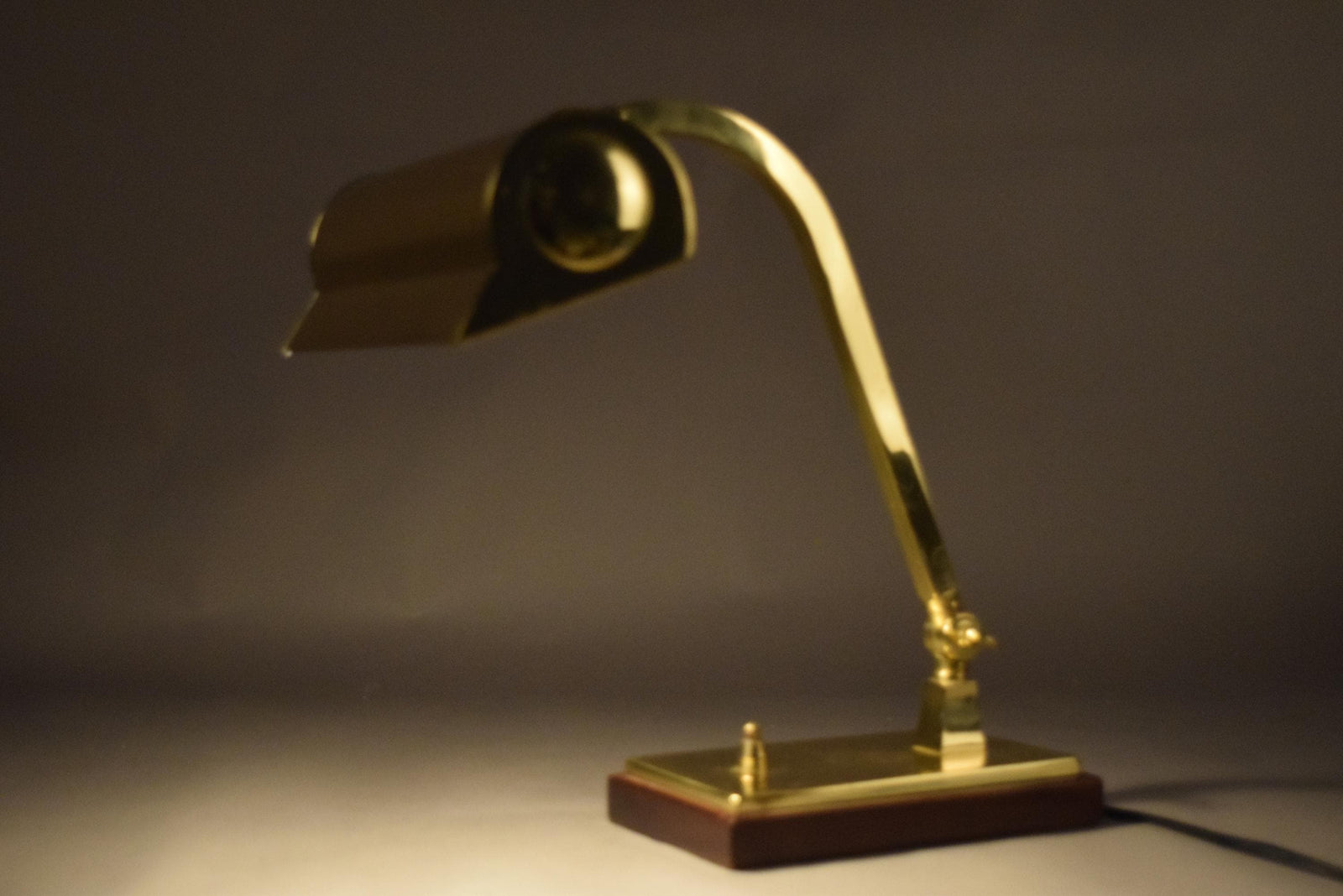 Vintage Brass Banker's Desk Lamp, Adjustable Arm, Wood Base, 1950s