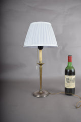 Vintage Brass Table Lamp, Worn Silver-Tone Finish, Pleated Shade, 1940s