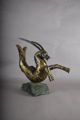 Bronze Capricorn Sculpture, Signed Faust 1994 — Mythical Zodiac Form on Stone Base