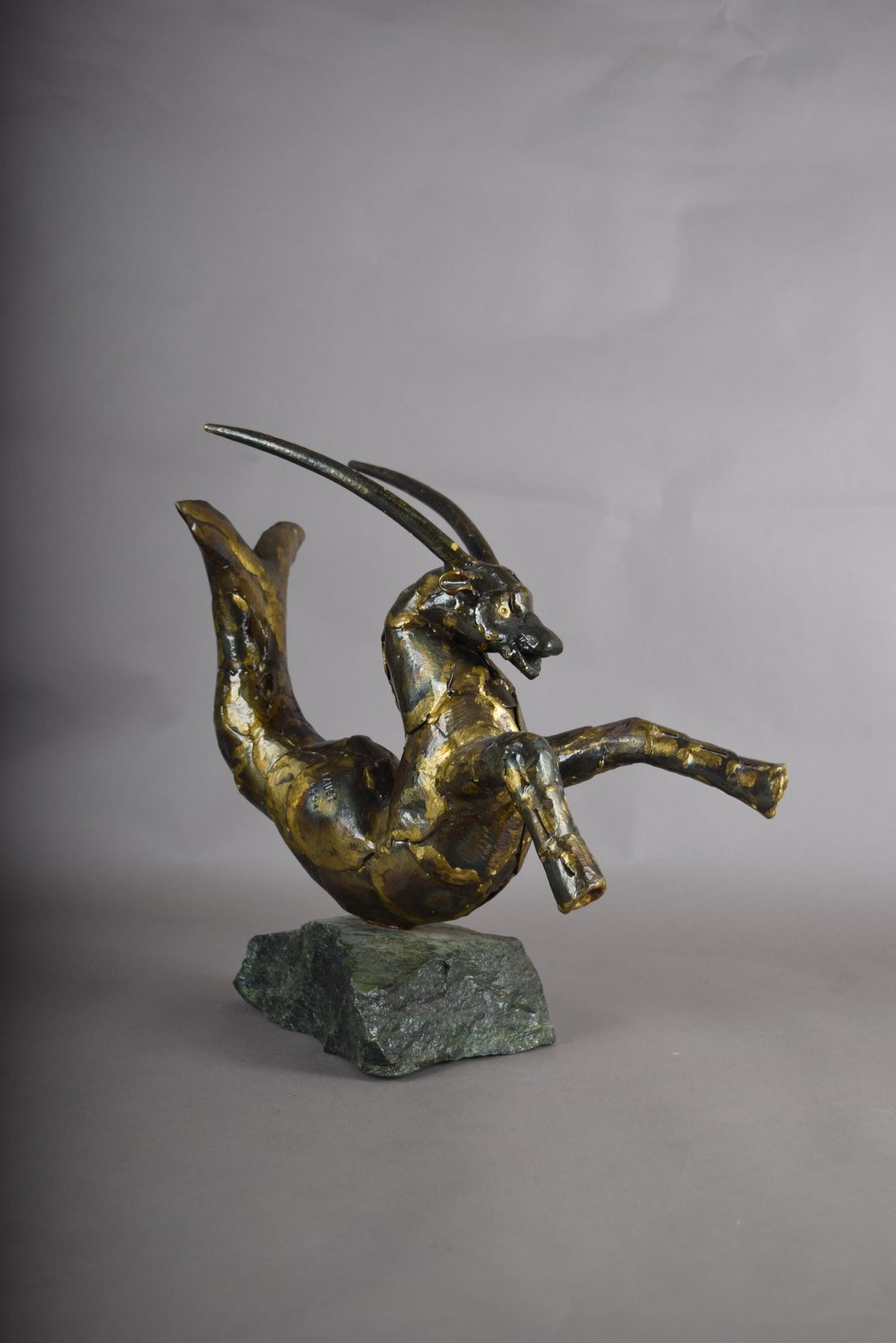 Bronze Capricorn Sculpture, Signed Faust 1994 — Mythical Zodiac Form on Stone Base