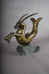 Bronze Capricorn Sculpture, Signed Faust 1994 — Mythical Zodiac Form on Stone Base