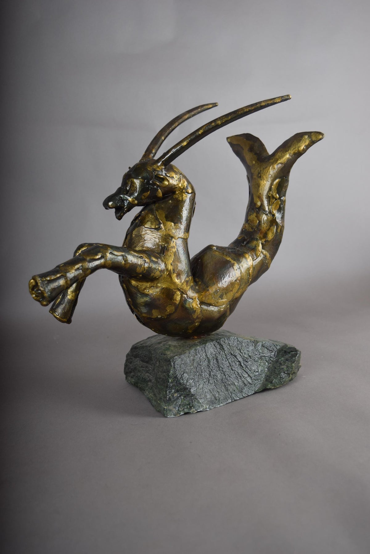 Bronze Capricorn Sculpture, Signed Faust 1994 — Mythical Zodiac Form on Stone Base