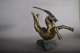 Bronze Capricorn Sculpture, Signed Faust 1994 — Mythical Zodiac Form on Stone Base