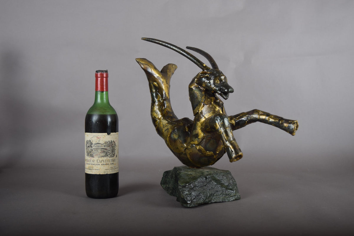 Bronze Capricorn Sculpture, Signed Faust 1994 — Mythical Zodiac Form on Stone Base