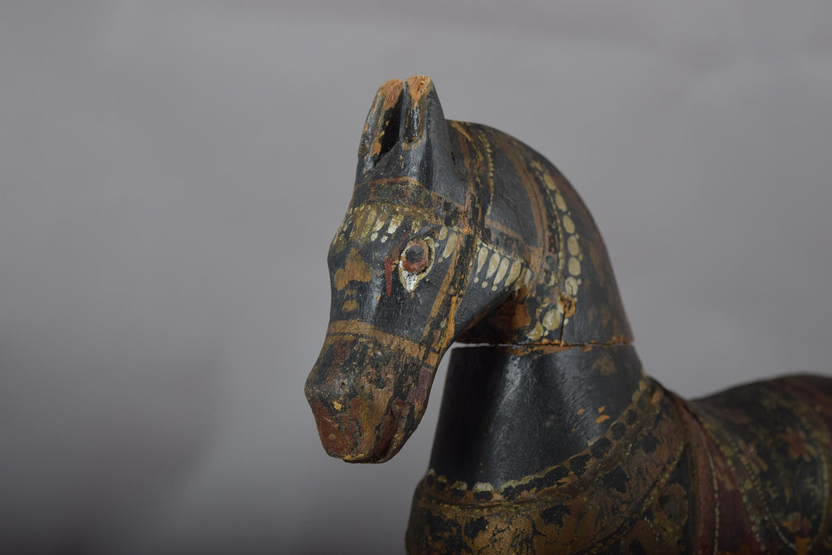 Antique Hand-Carved Wooden Horse on Wheels — Indian Folk Art, 19th Century