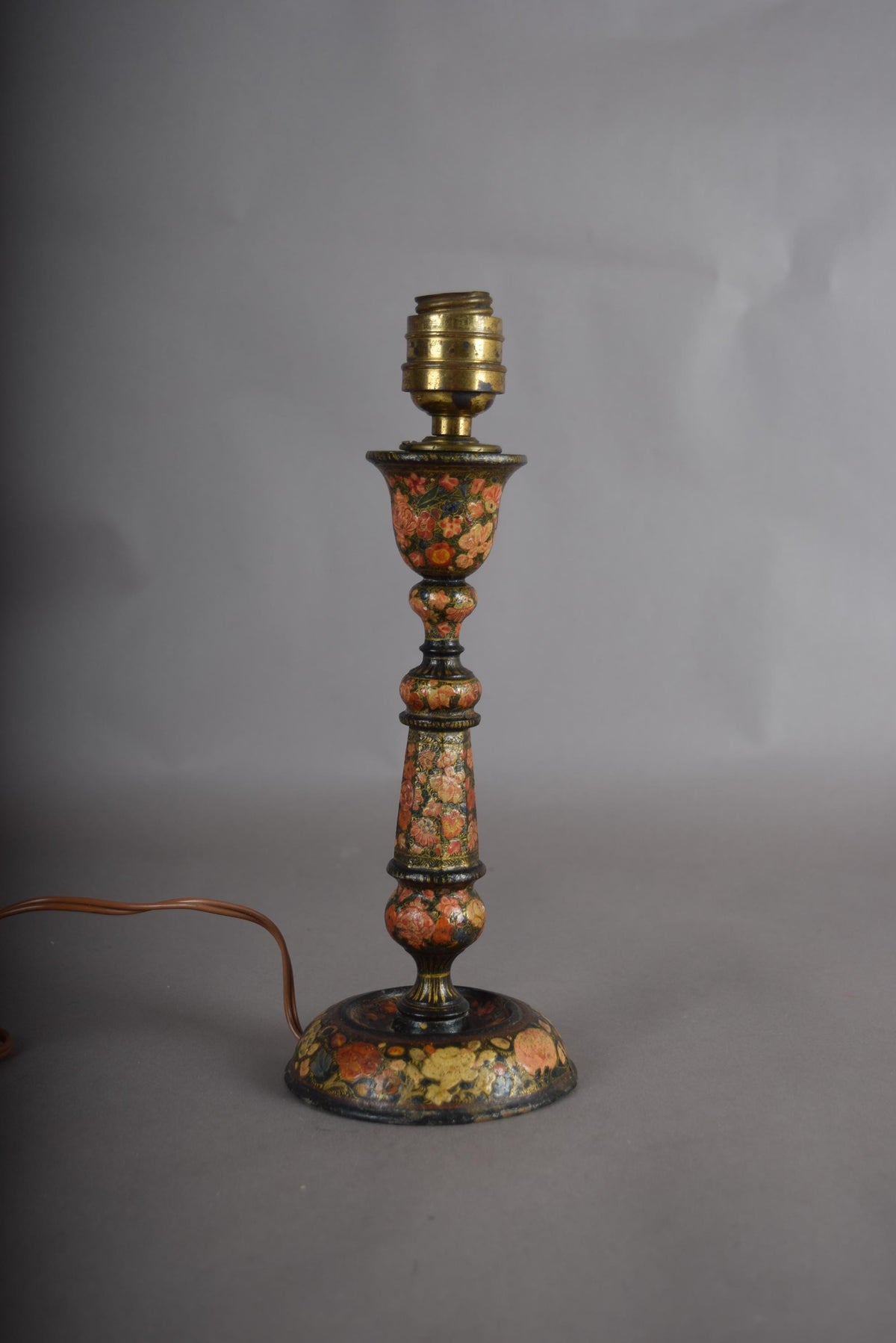 Hand-Painted Kashmiri Wood Lamp Base, 1910s, Vintage Floral Bohemian Accent, Antique Bedside Table Lamp