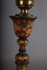 Hand-Painted Kashmiri Wood Lamp Base, 1910s | Vintage Floral Bohemian Accent | Antique Bedside Table Lamp