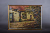 Vintage Oil Painting | Signed Farmhouse Courtyard Scene | Chickens & Cottage Garden | Framed Rustic Wall Art | Circa Early-Mid 1900s