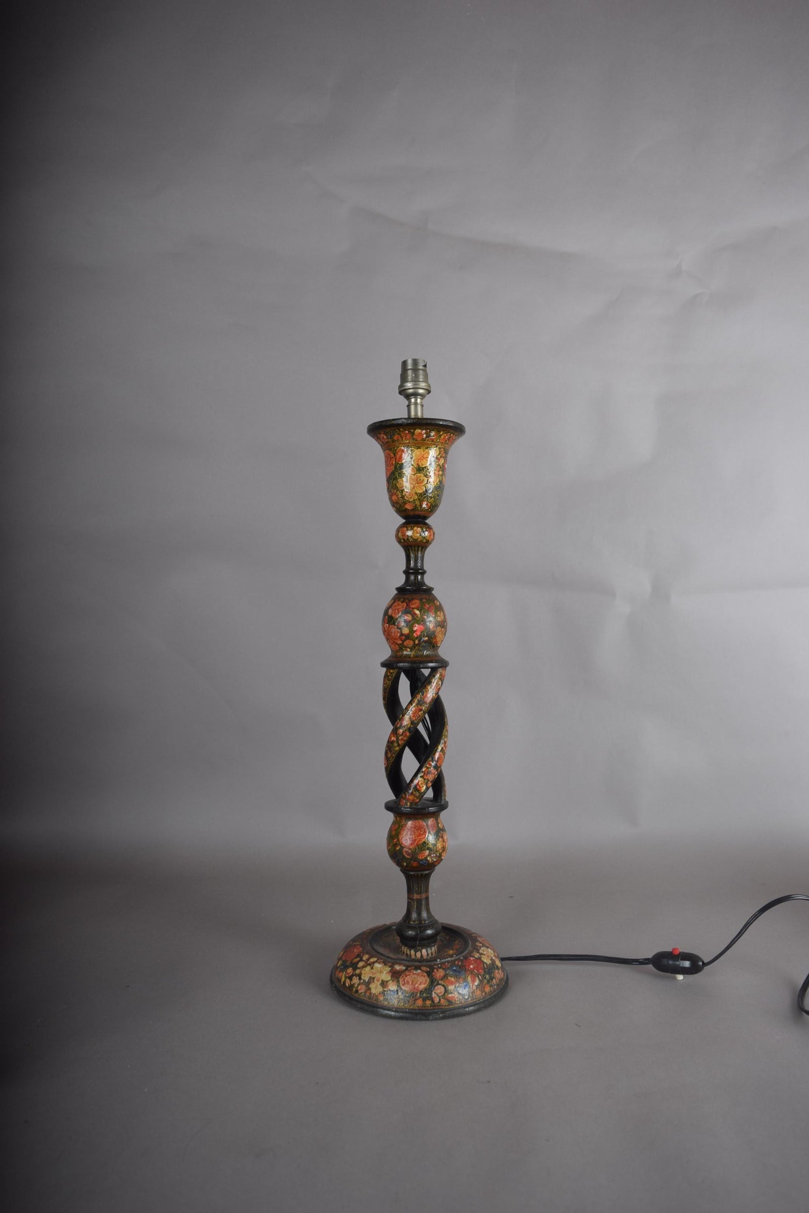 Kashmiri Hand-Painted Wood Table Lamp, Naqashi Floral Decoration, Twisted Column