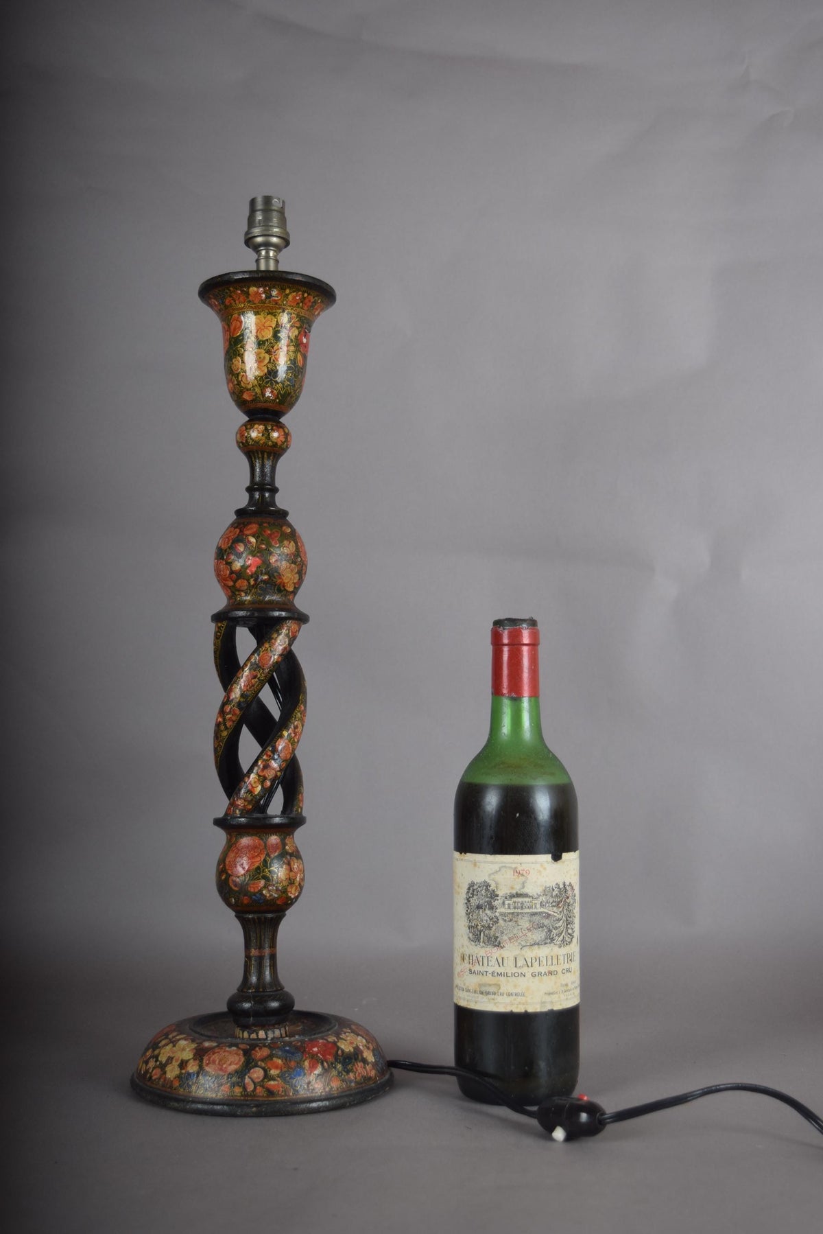 Kashmiri Hand-Painted Wood Table Lamp, Naqashi Floral Decoration, Twisted Column