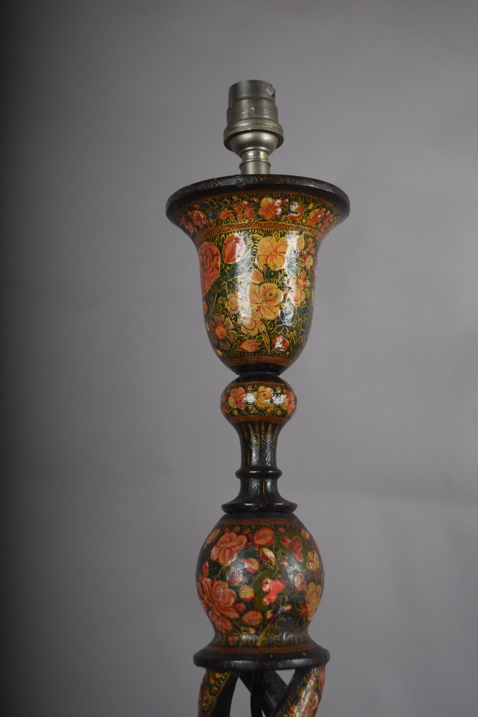 Kashmiri Hand-Painted Wood Table Lamp, Naqashi Floral Decoration, Twisted Column