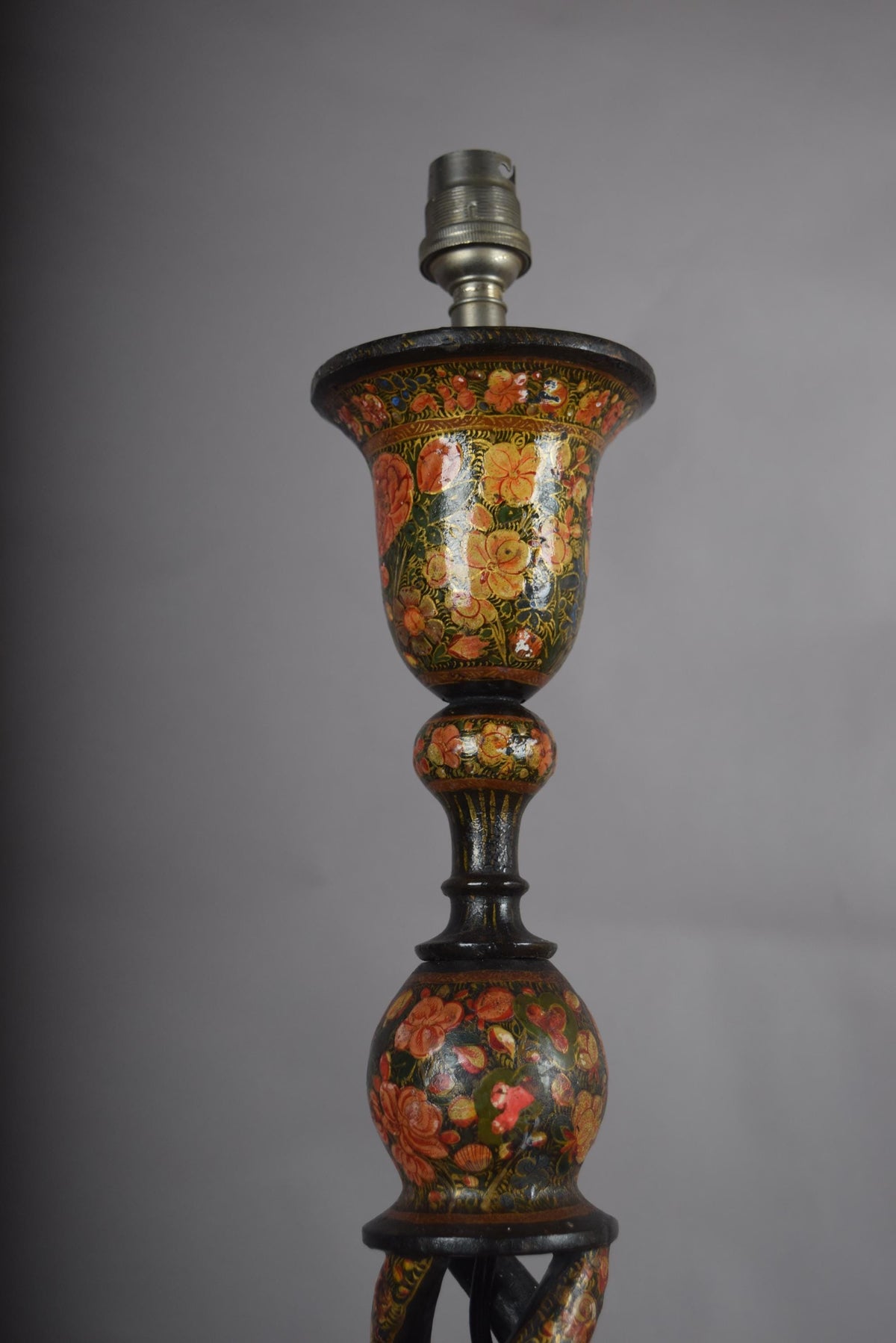 Kashmiri Hand-Painted Wood Table Lamp, Naqashi Floral Decoration, Twisted Column