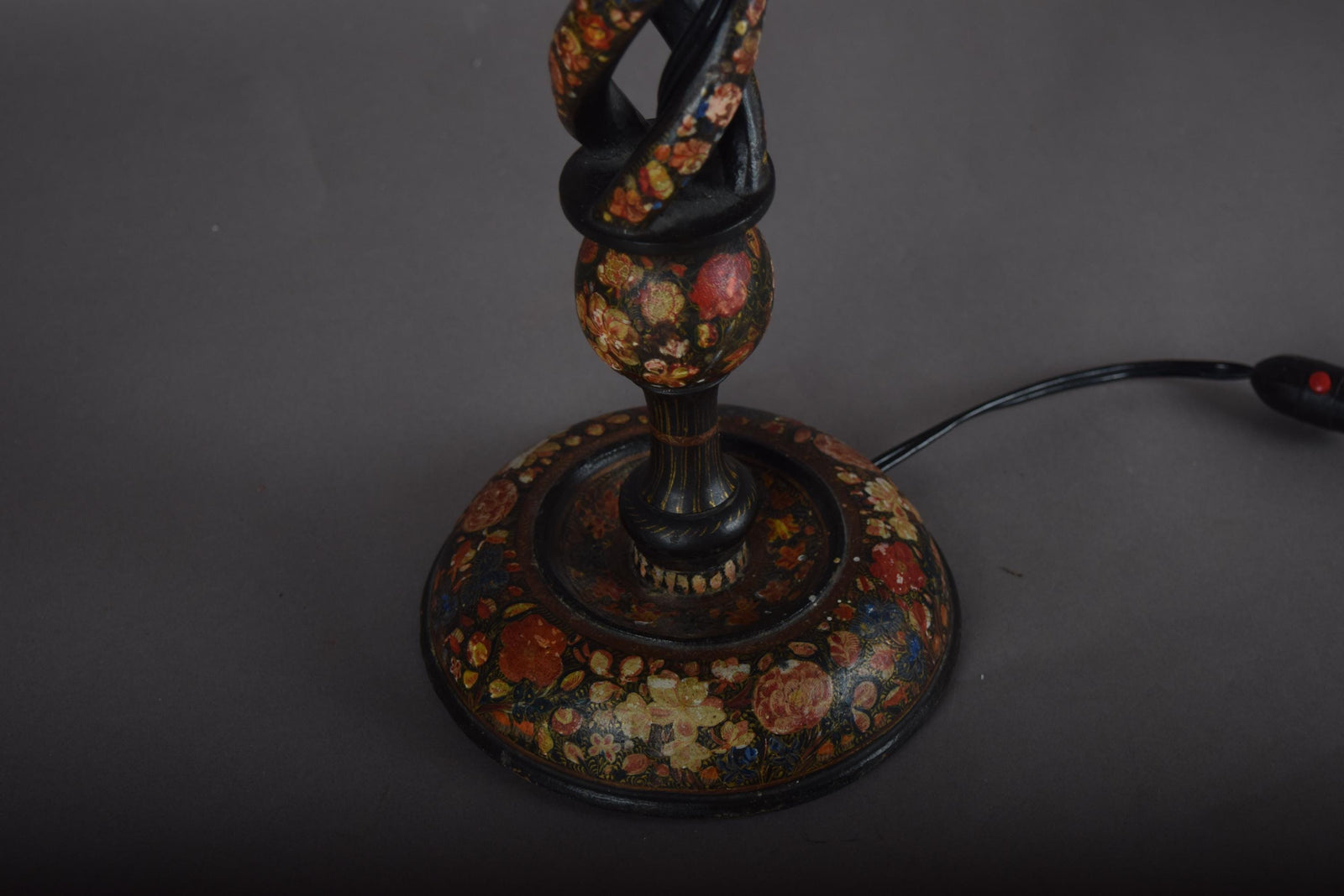 Kashmiri Hand-Painted Wood Table Lamp, Naqashi Floral Decoration, Twisted Column