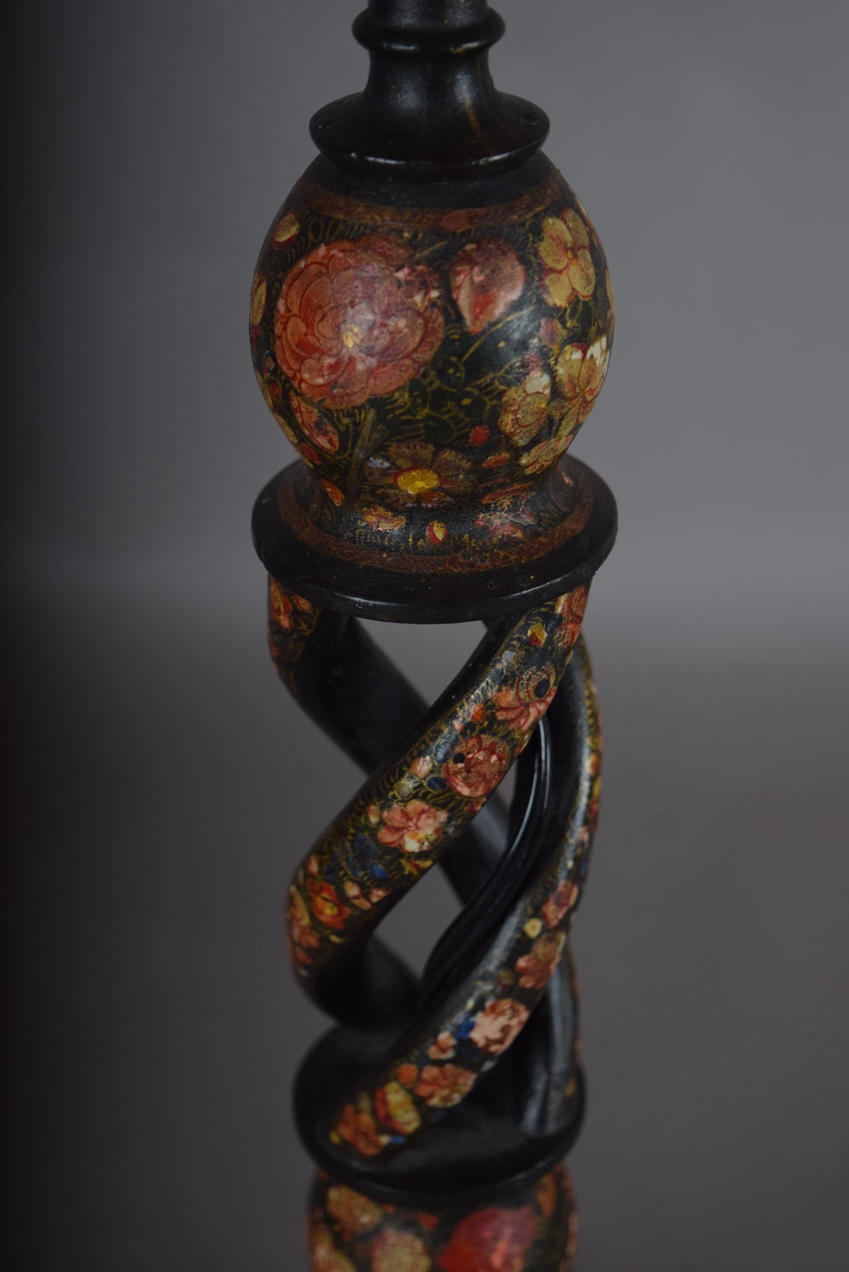 Kashmiri Hand-Painted Wood Table Lamp, Naqashi Floral Decoration, Twisted Column