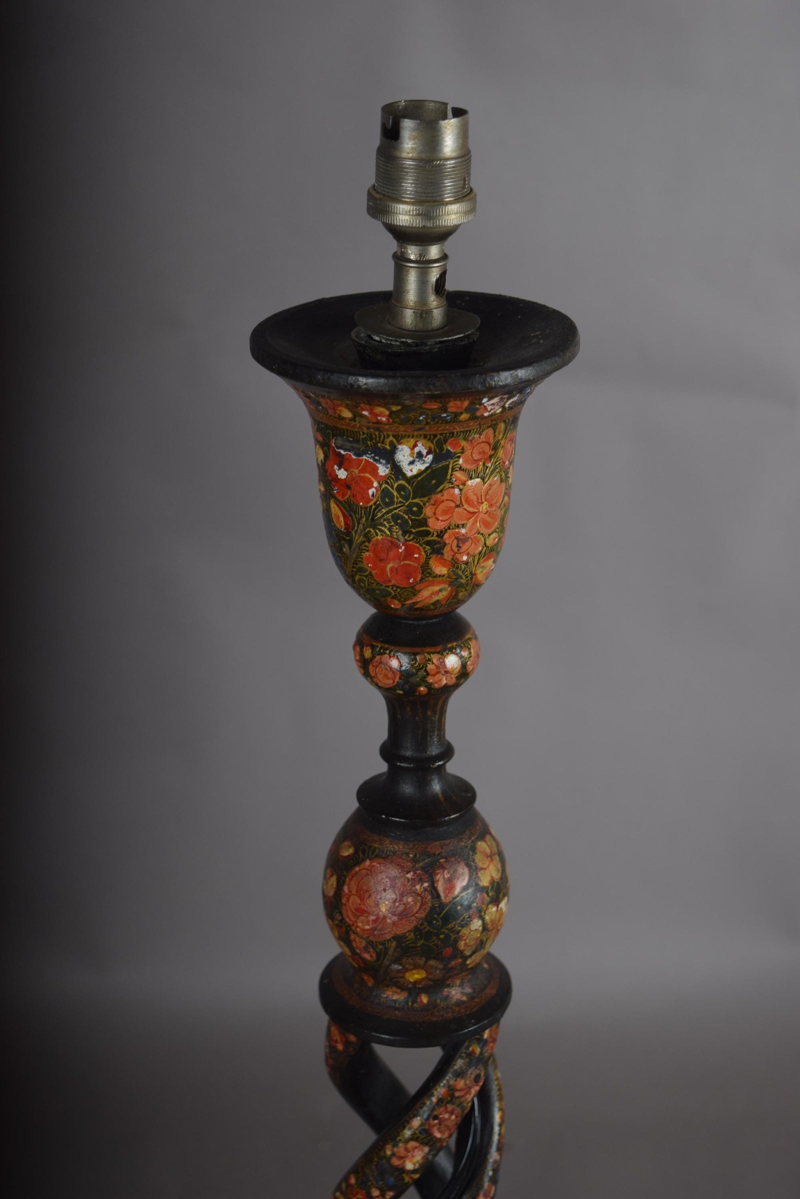 Kashmiri Hand-Painted Wood Table Lamp, Naqashi Floral Decoration, Twisted Column