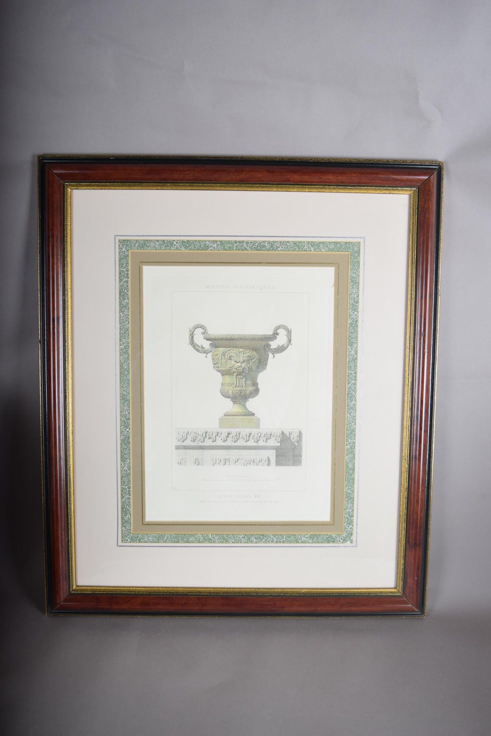 Louis XIV Style Vase Print, Versailles Bassin de Neptune — Framed Vintage Lithograph, 1960s