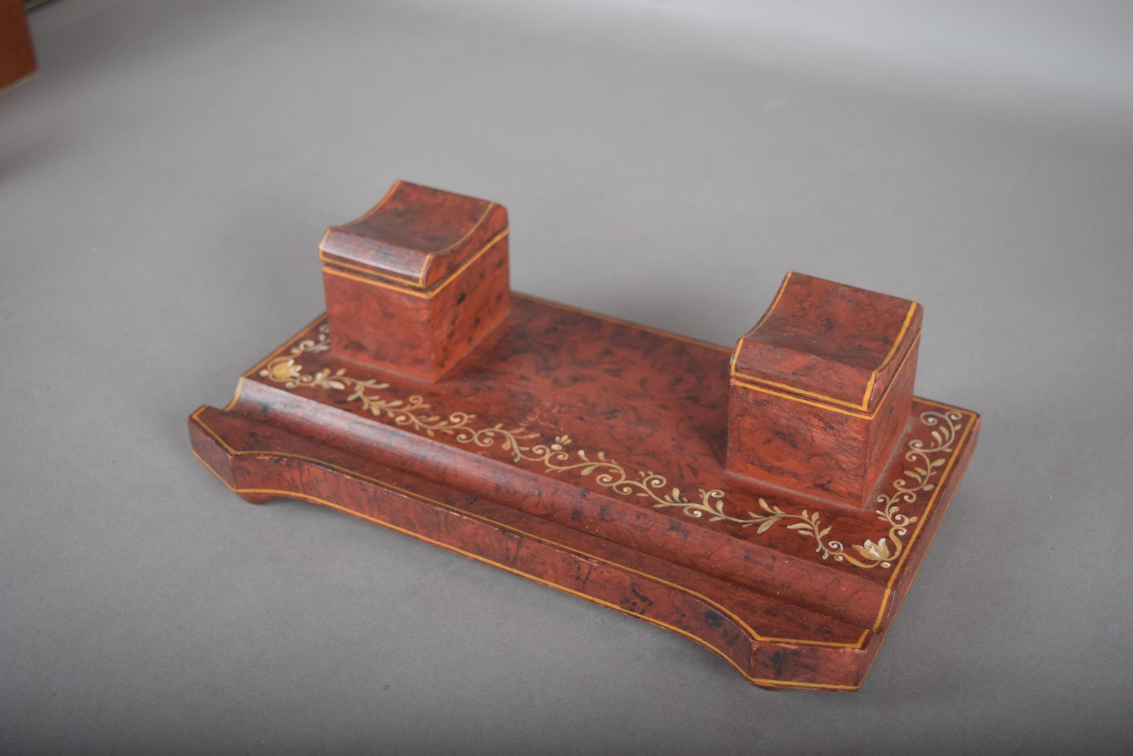 Vintage Hand-Painted Wooden Double Inkwell, Floral Detailing — French Style, 1950s