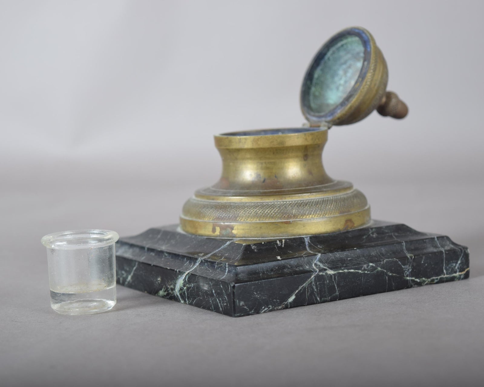 Antique Bronze Inkwell, 19th Century | French Style Marble Base | Hinged Desk Accessory, Writing Collectible