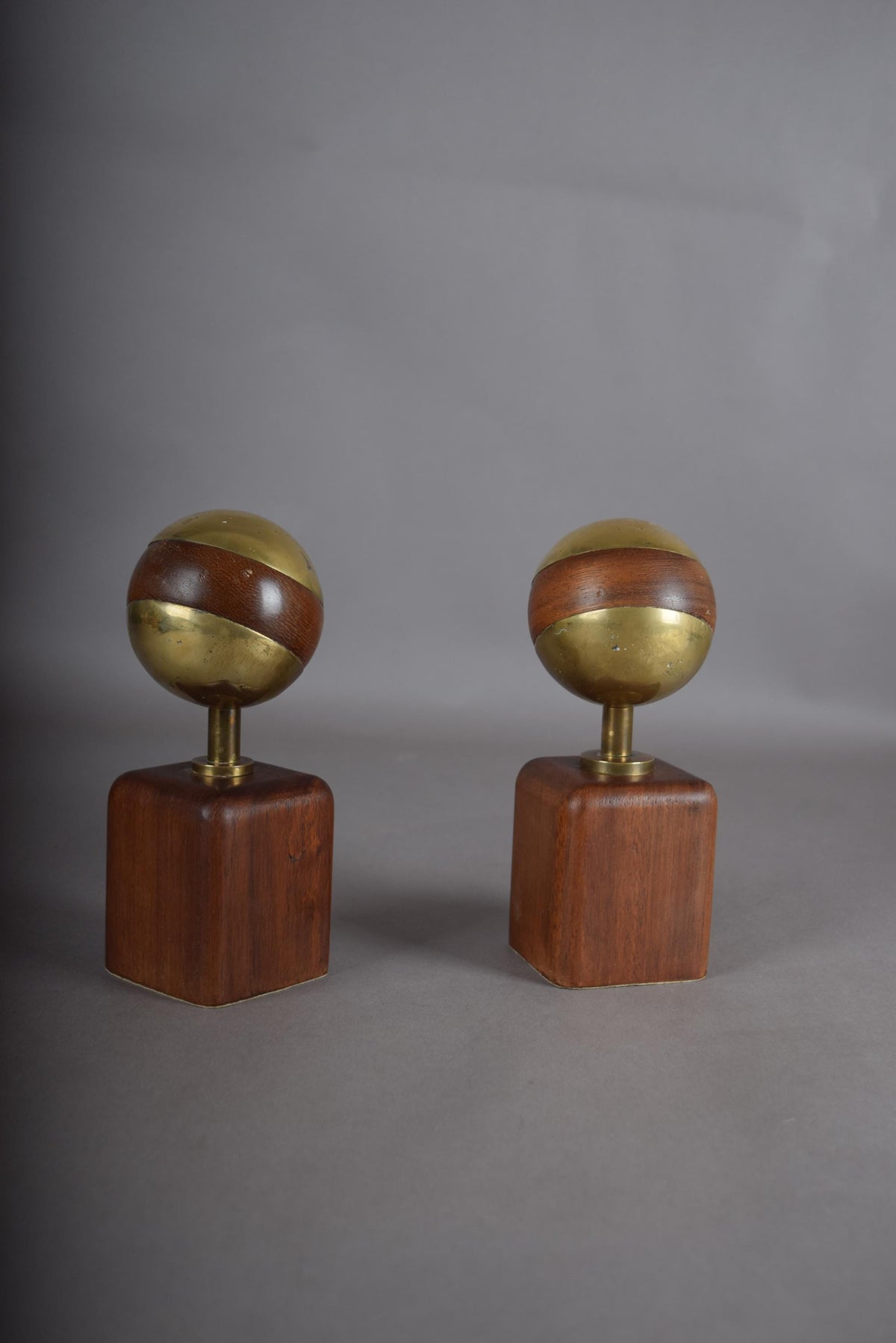 Brutalist Brass and Wood Sculpture Pair, Signed Ardisur — Spain, 1970s