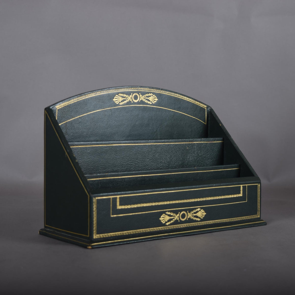 Vintage Leather-Style Letter Holder, Green and Gold Desk Organizer, Paper Sorter with Compartments, Classic Office Decor