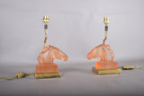 Le Dauphin Horse Lamps, Pair Vintage French Satin Glass and Brass Table Lamps, 1970s