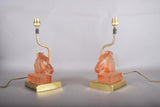 Le Dauphin Horse Lamps, Pair Vintage French Satin Glass and Brass Table Lamps, 1970s