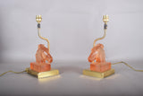 Le Dauphin Horse Lamps, Pair Vintage French Satin Glass and Brass Table Lamps, 1970s