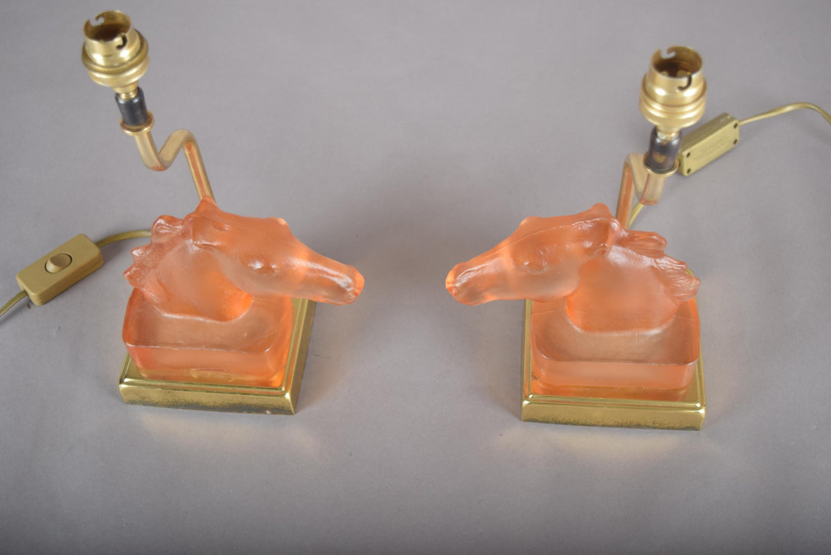 Le Dauphin Horse Lamps, Pair Vintage French Satin Glass and Brass Table Lamps, 1970s