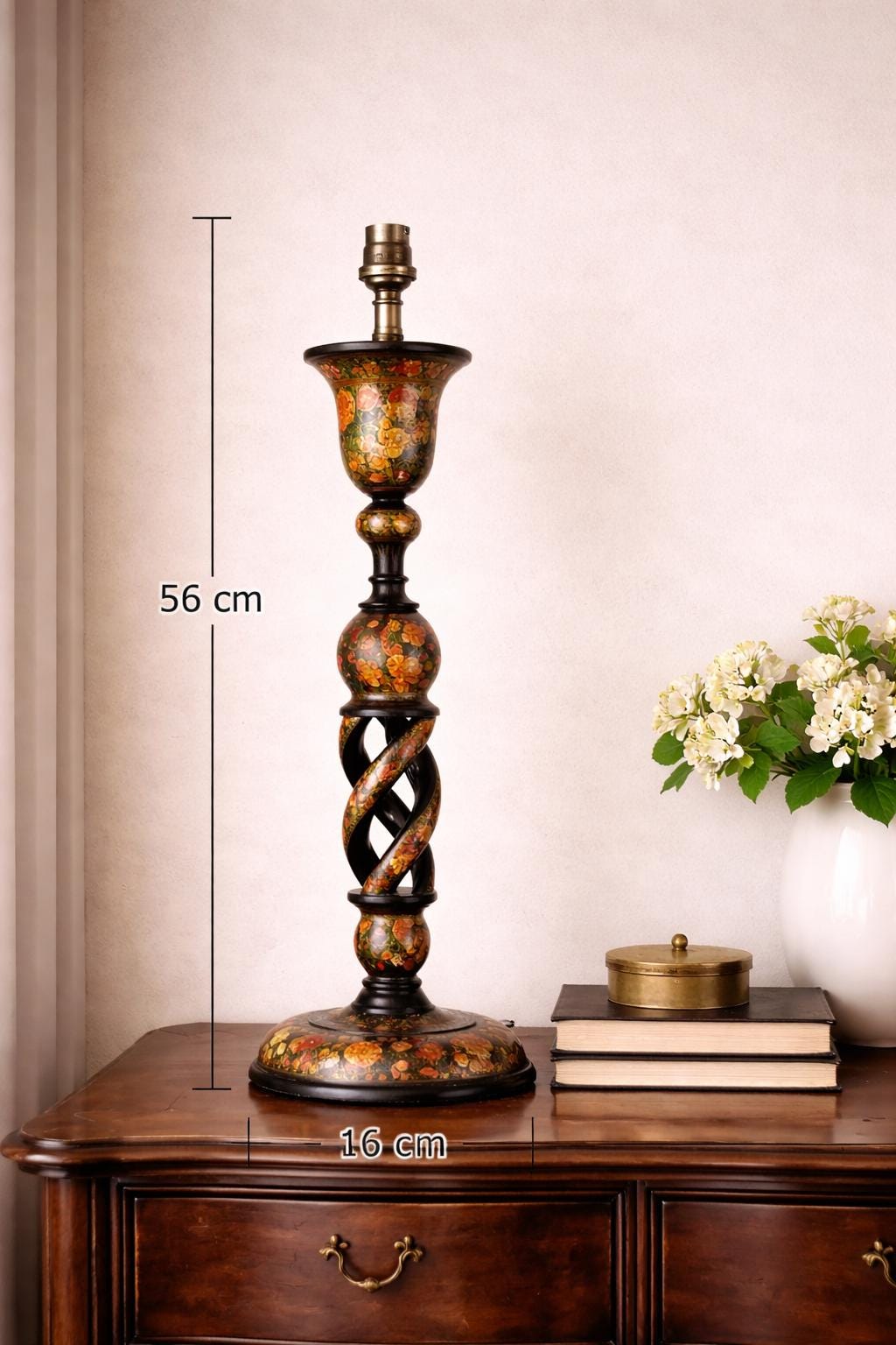 Kashmiri Hand-Painted Wood Table Lamp, Naqashi Floral Decoration, Twisted Column