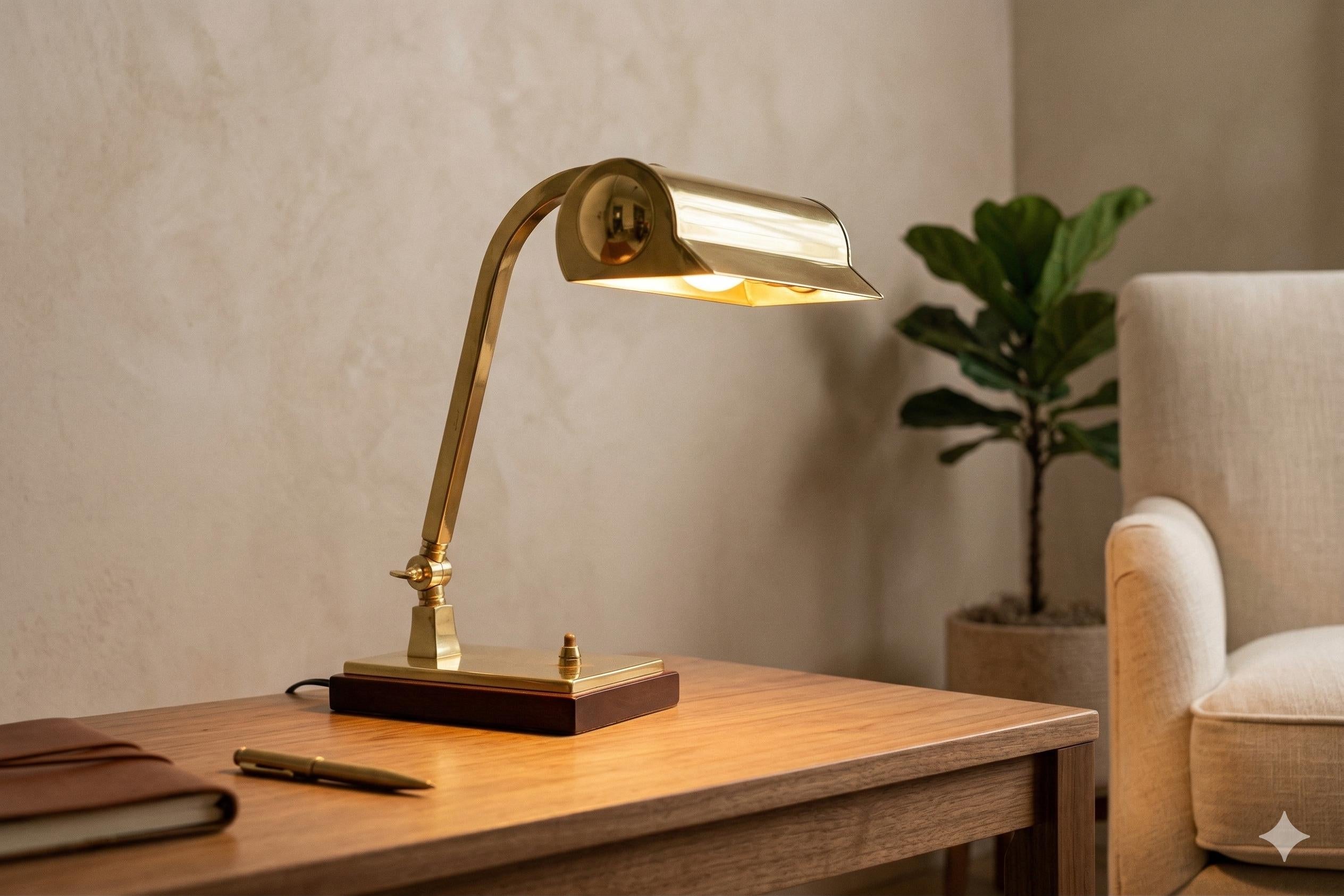 Vintage Brass Banker's Desk Lamp, Adjustable Arm, Wood Base, 1950s
