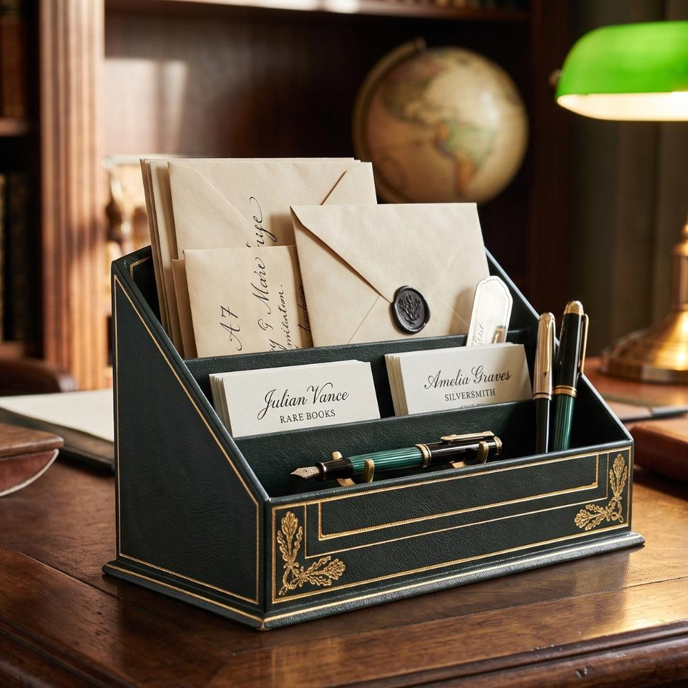 Vintage Leather-Style Letter Holder, Green and Gold Desk Organizer, Paper Sorter with Compartments, Classic Office Decor