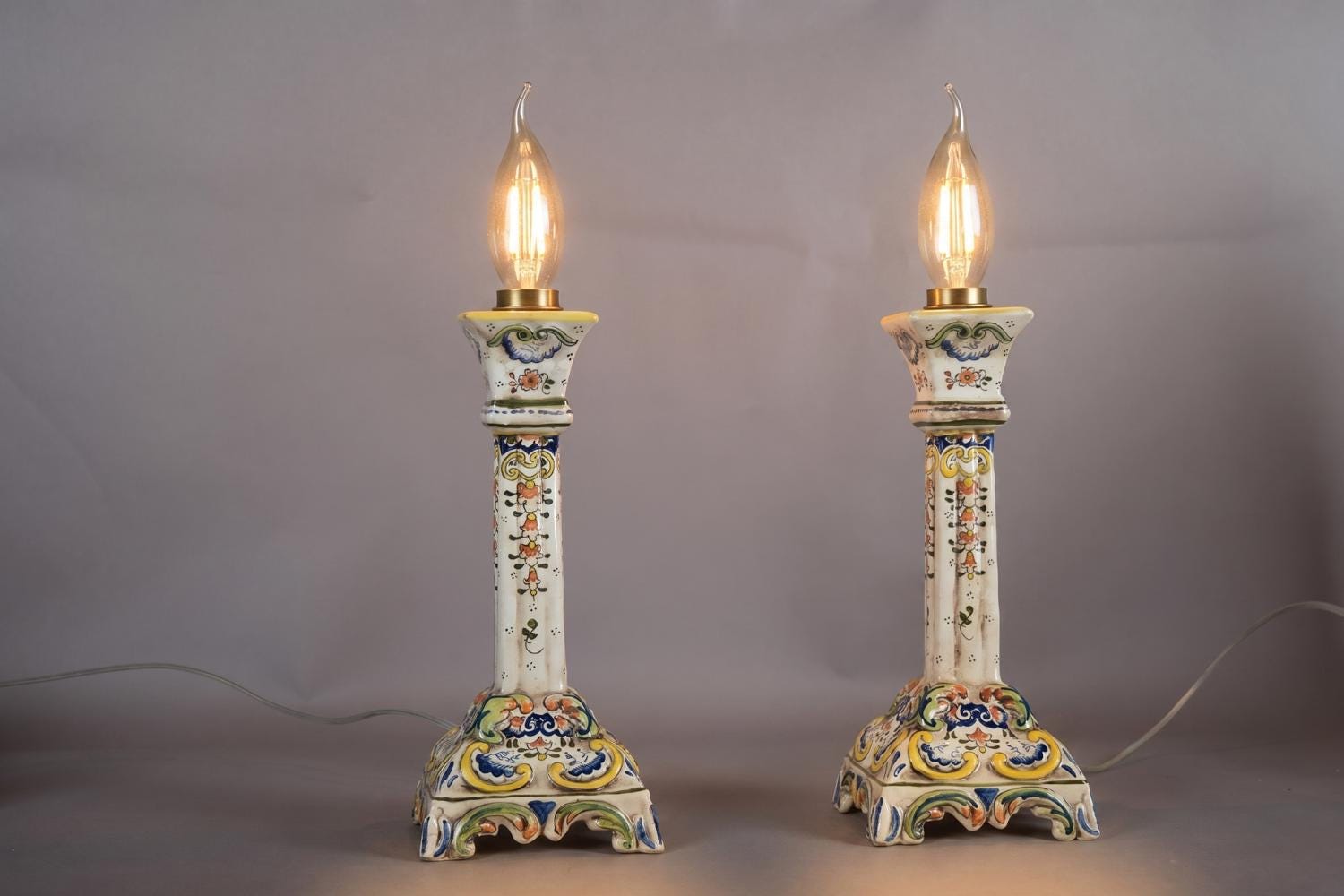 Antique Rouen Faience Ceramic Candlestick Lamp Pair, Hand-Painted Floral — French, Circa 1900