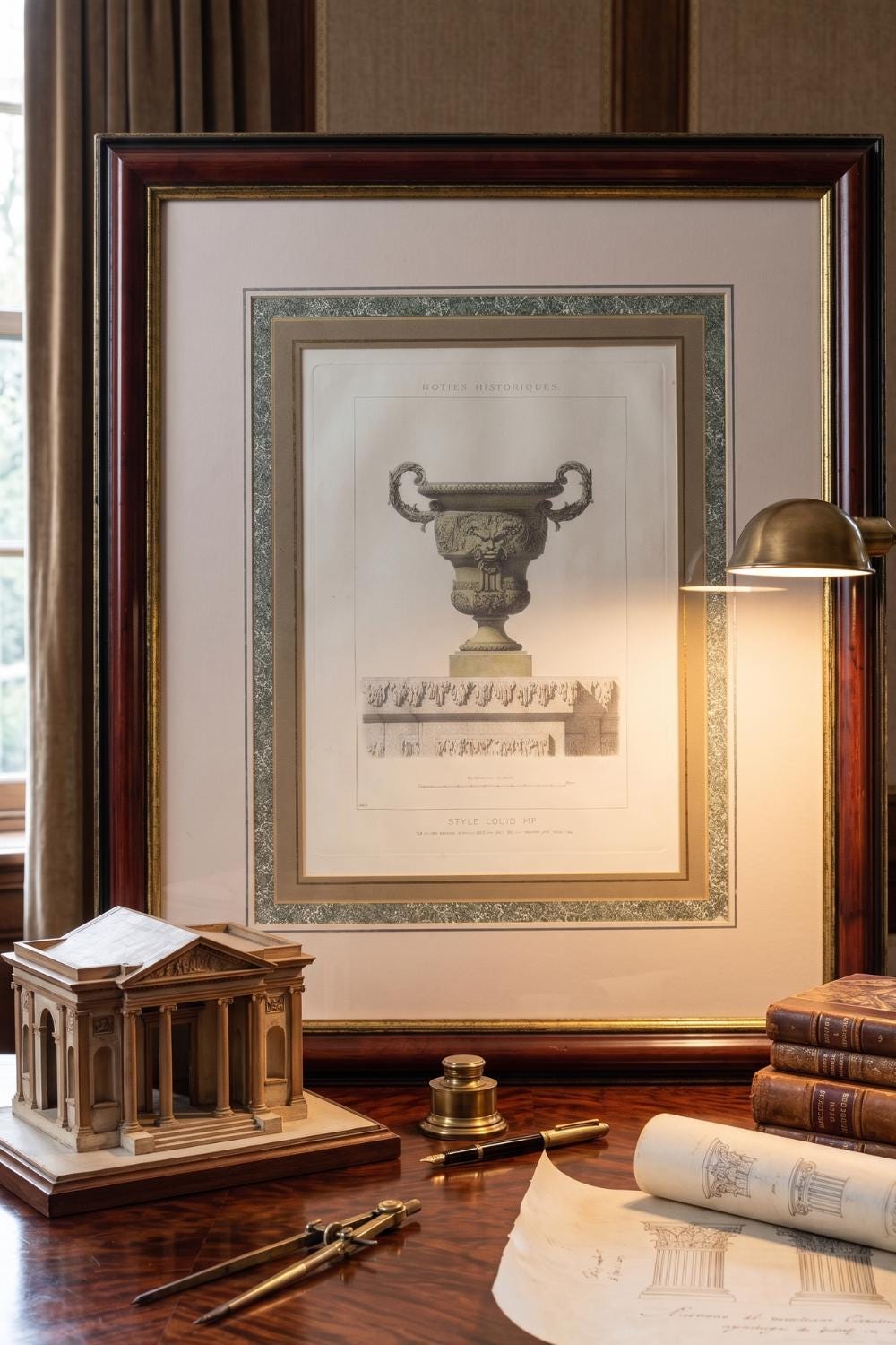 Louis XIV Style Vase Print, Versailles Bassin de Neptune — Framed Vintage Lithograph, 1960s