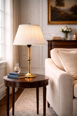 Vintage Brass Table Lamp, Worn Silver-Tone Finish, Pleated Shade, 1940s