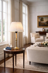 Vintage Brass Table Lamp, Worn Silver-Tone Finish, Pleated Shade, 1940s