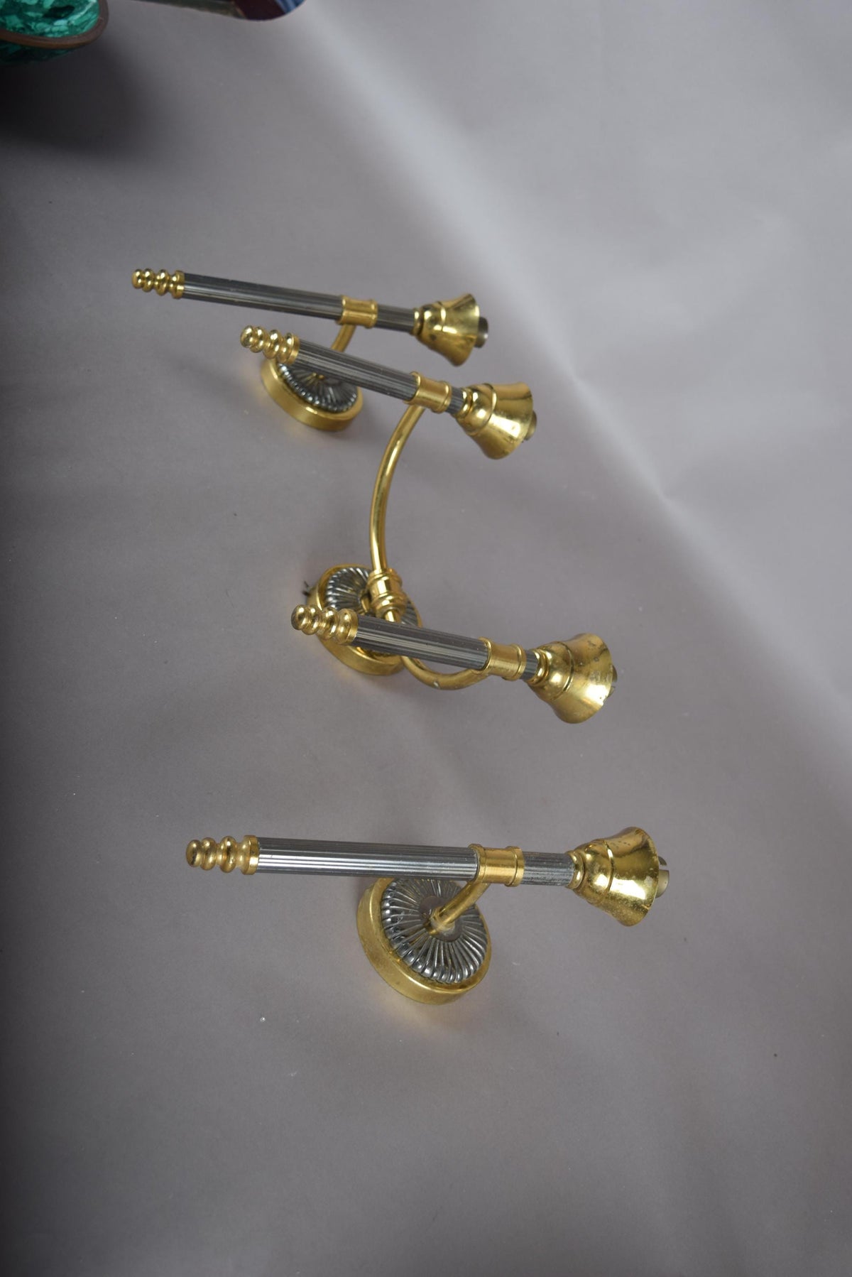 Vintage 1950s Brass Wall Sconces, Set of Three — Two Single Arm, One Double Arm, Mid-Century