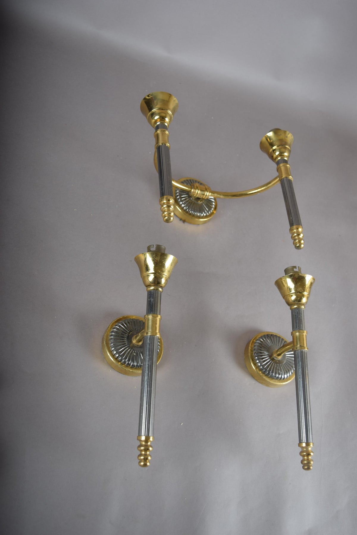 Vintage 1950s Brass Wall Sconces, Set of Three — Two Single Arm, One Double Arm, Mid-Century