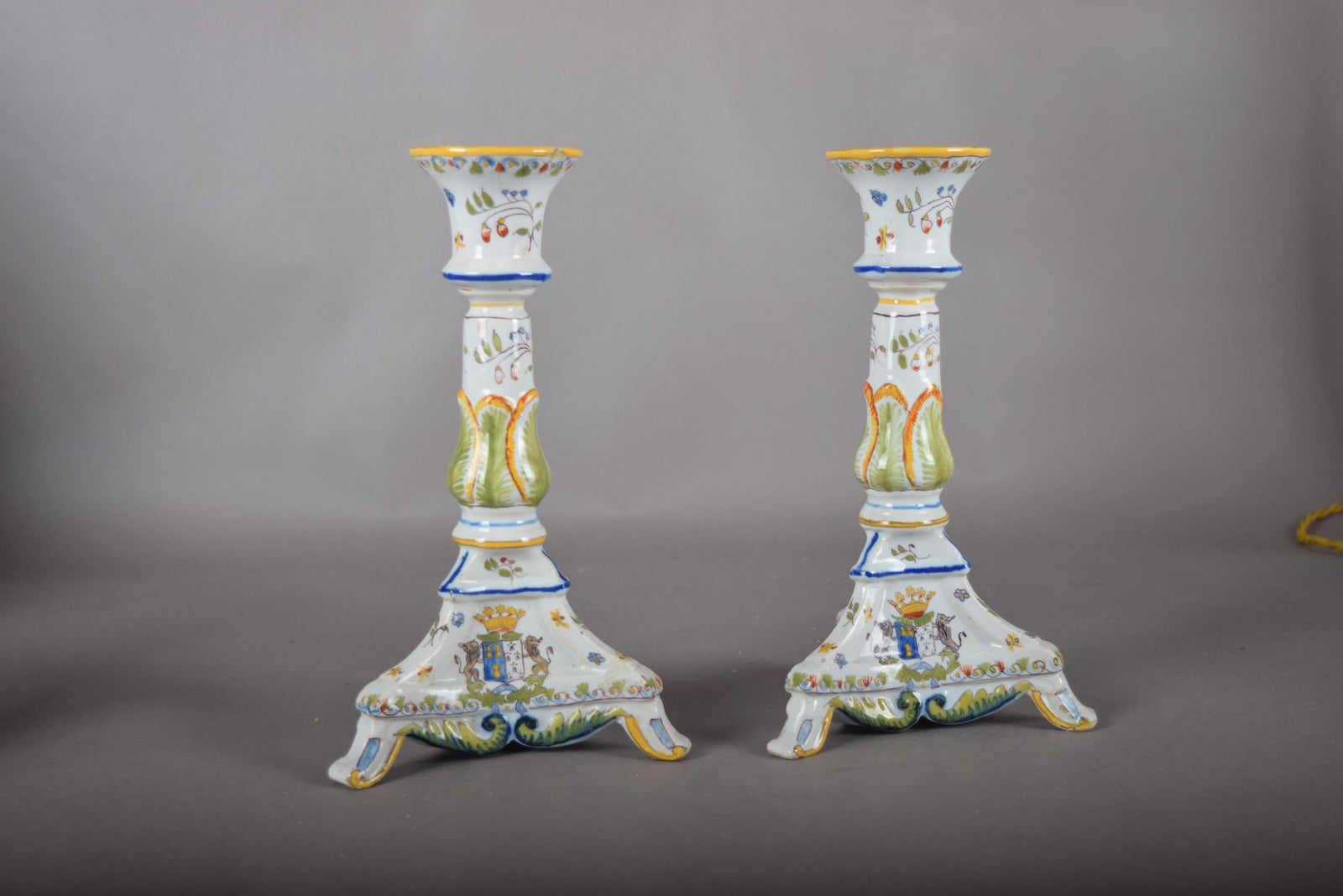 Vintage Hand-Painted Ceramic Candlesticks, Heraldic Floral Pair, Antique Table Décor