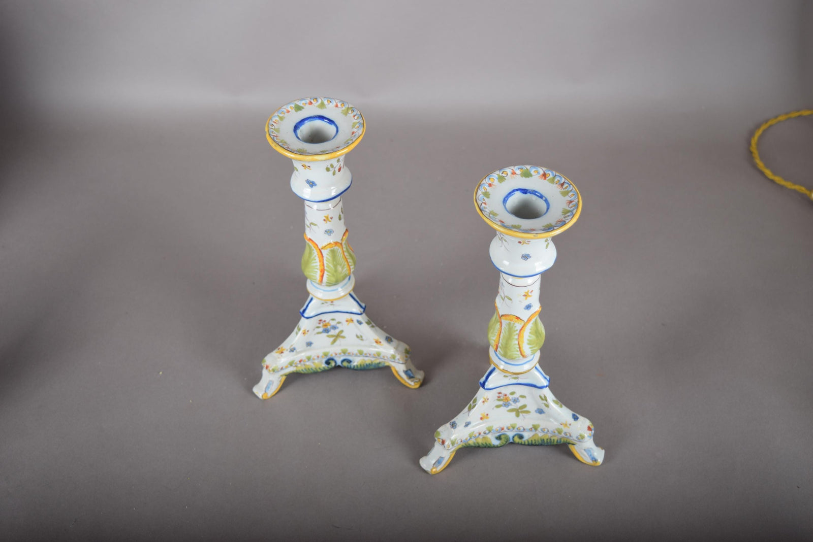 Vintage Hand-Painted Ceramic Candlesticks, Heraldic Floral Pair, Antique Table Décor