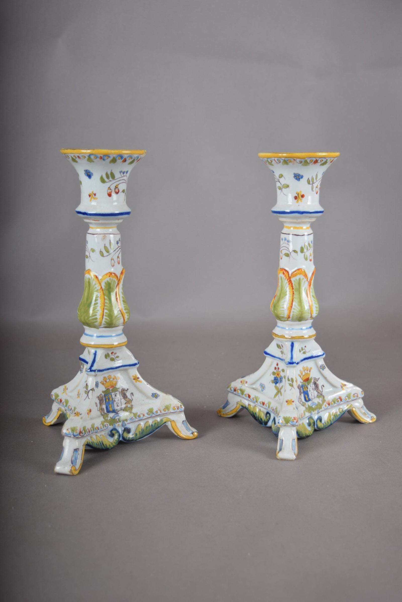 Vintage Hand-Painted Ceramic Candlesticks, Heraldic Floral Pair, Antique Table Décor