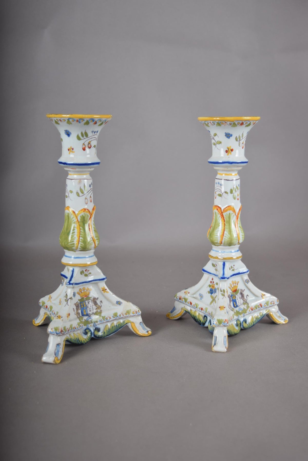 Vintage Hand-Painted Ceramic Candlesticks, Heraldic Floral Pair, Antique Table Décor