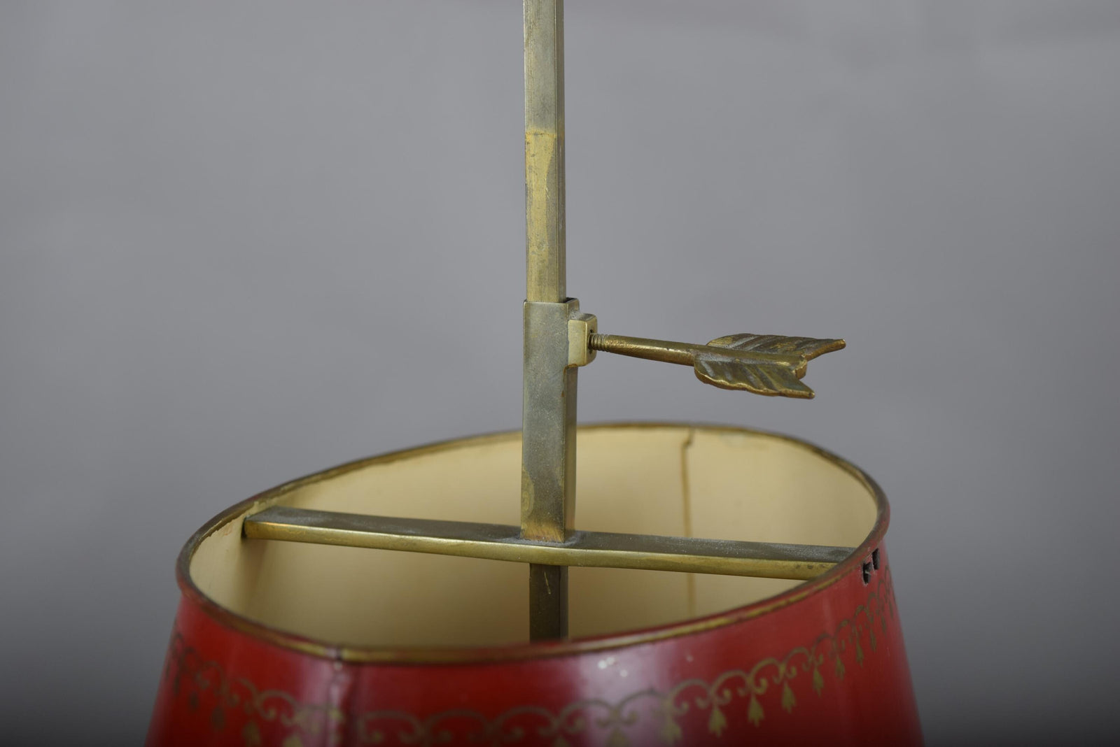 Vintage Brass Bouillotte Table Lamp, Red Tole Shade — French Style, circa 1950s