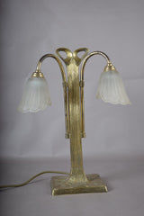 Vintage Brass Double-Arm Table Lamp, Frosted Tulip Shades — Art Nouveau Style, 1950s
