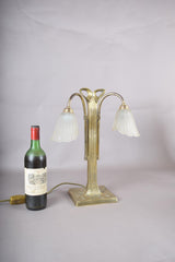 Vintage Brass Double-Arm Table Lamp, Frosted Tulip Shades — Art Nouveau Style, 1950s