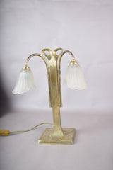 Vintage Brass Double-Arm Table Lamp, Frosted Tulip Shades — Art Nouveau Style, 1950s