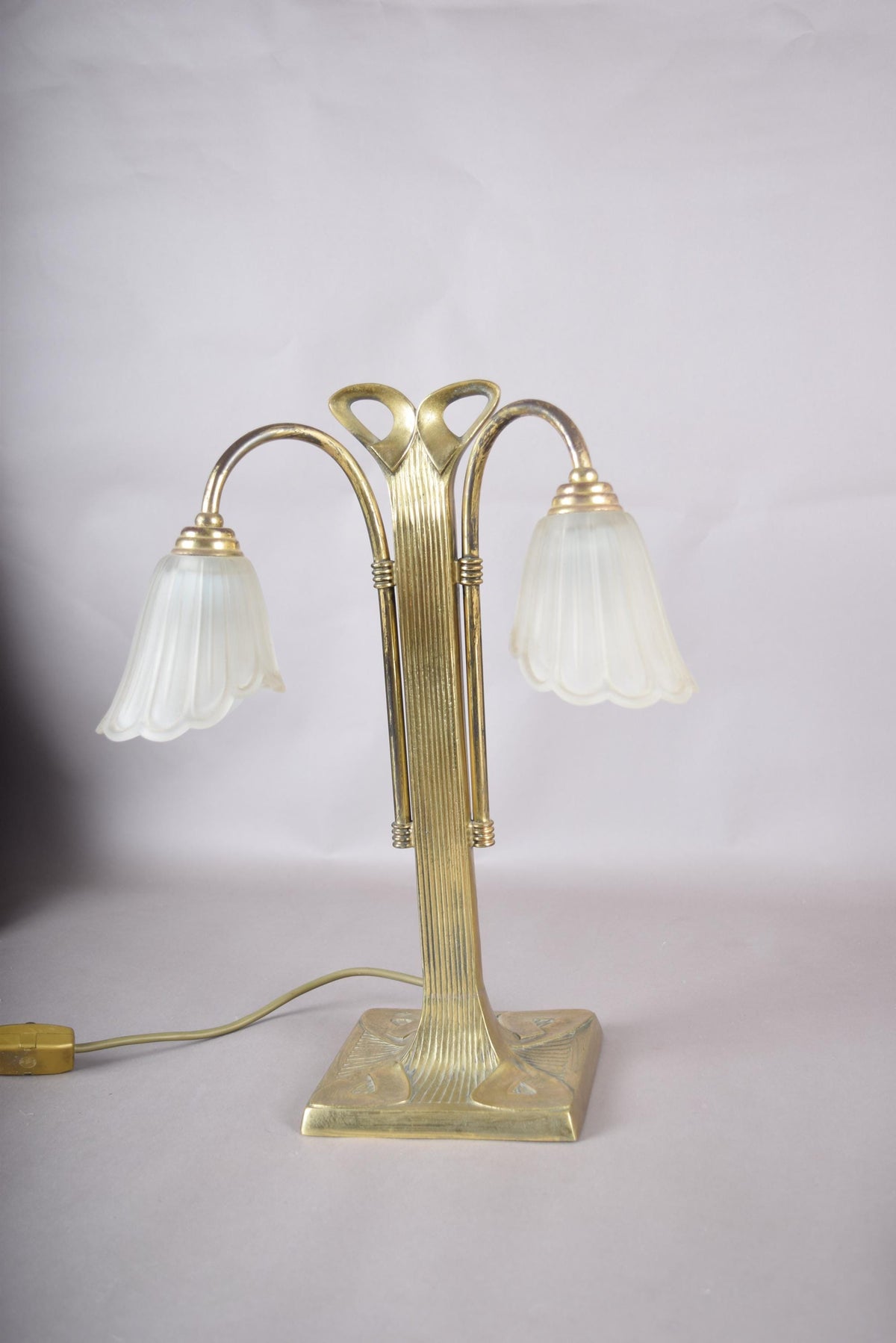 Vintage Brass Double-Arm Table Lamp, Frosted Tulip Shades — Art Nouveau Style, 1950s