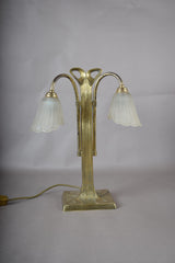 Vintage Brass Double-Arm Table Lamp, Frosted Tulip Shades — Art Nouveau Style, 1950s