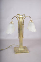 Vintage Brass Double-Arm Table Lamp, Frosted Tulip Shades — Art Nouveau Style, 1950s