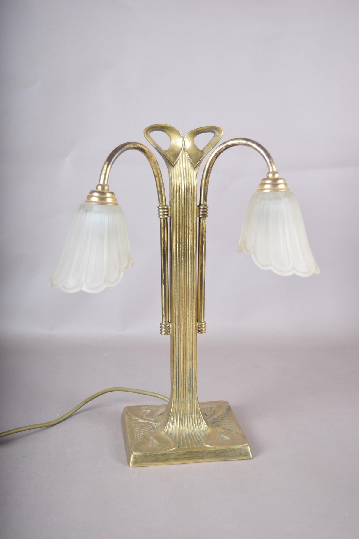 Vintage Brass Double-Arm Table Lamp, Frosted Tulip Shades — Art Nouveau Style, 1950s