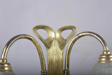 Vintage Brass Double-Arm Table Lamp, Frosted Tulip Shades — Art Nouveau Style, 1950s